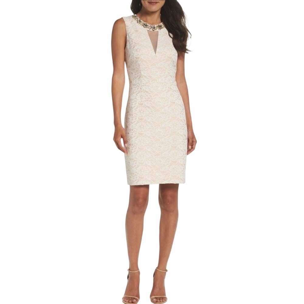 Eliza J Womens Lace Sheath Dress Jewel Neck Embellished Ivory‎ Blush Size 14